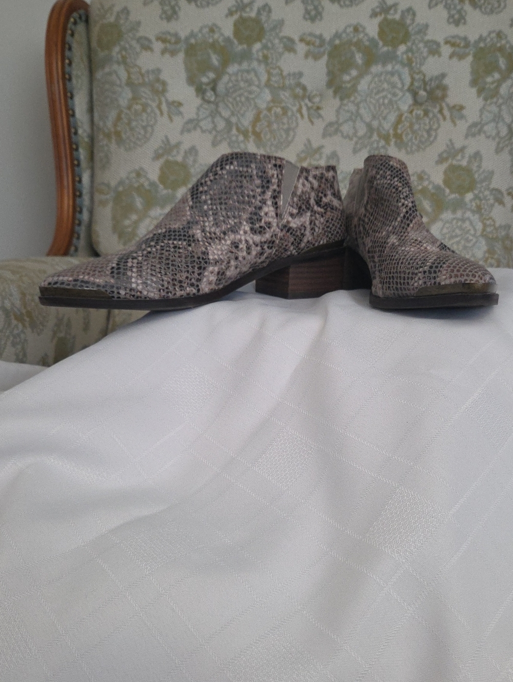Women’s Snake-Print Ankle Booties in Taupe
